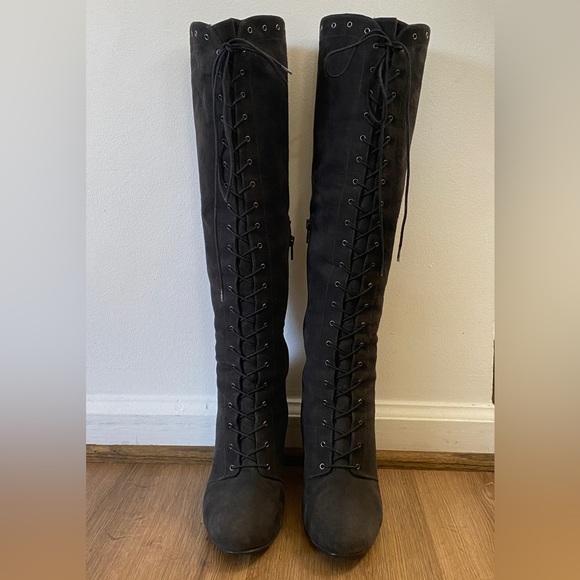 Like New! Stuart Weitzman Suede Knee High Lace Up Wedge Boots, Size 9 - Picture 3 of 16